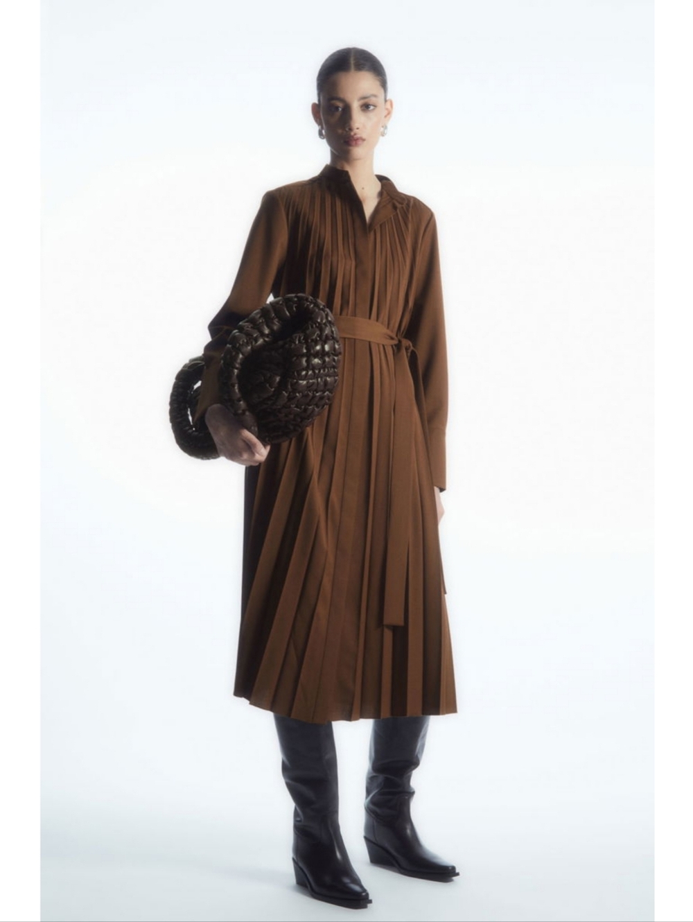 COS Pleated Wool Blend Tie Waist Shirt Dress Size 14